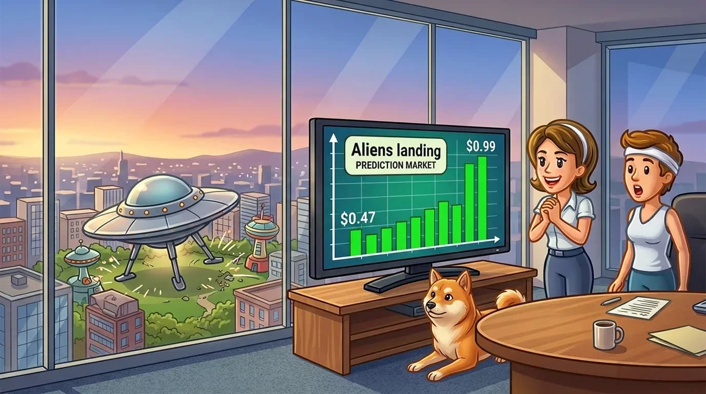 TV with a chart showing price movement over time for an "Aliens landing" prediction market, starting at $0.47, jumping to $0.99 in front the UFO landing on the ground