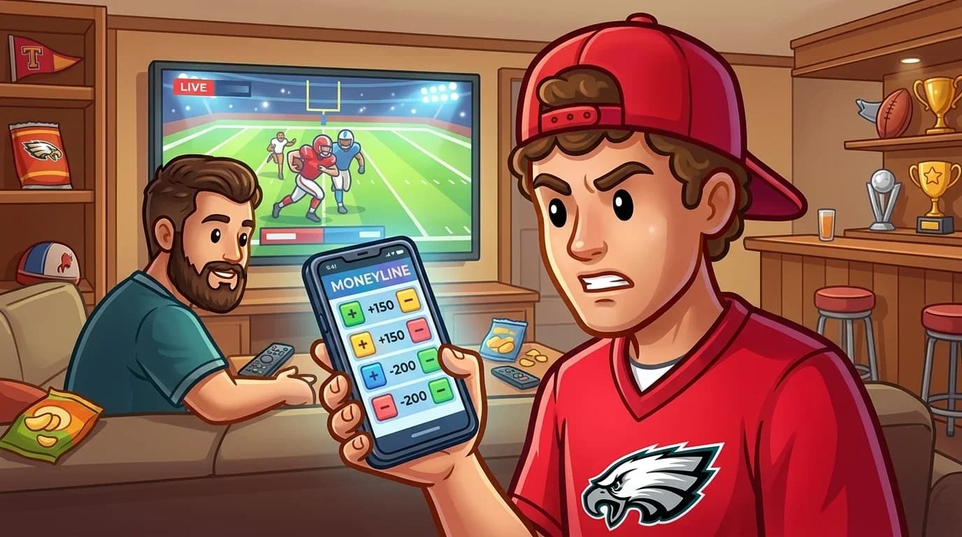 Sports bettor checking American moneyline odds +150 and -200 on a smartphone