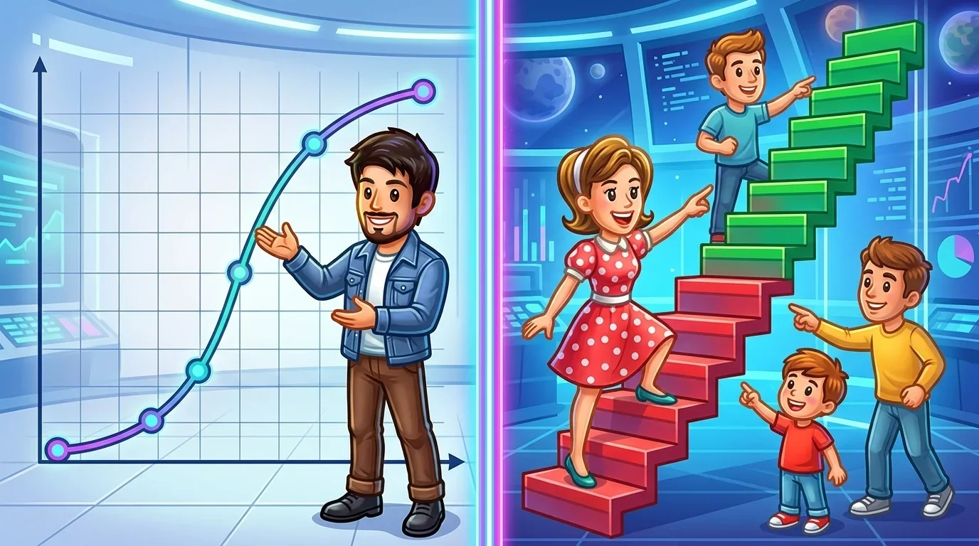 A split-screen graphic showing a smooth curved line on the left and a rigid vertical ladder on the right.