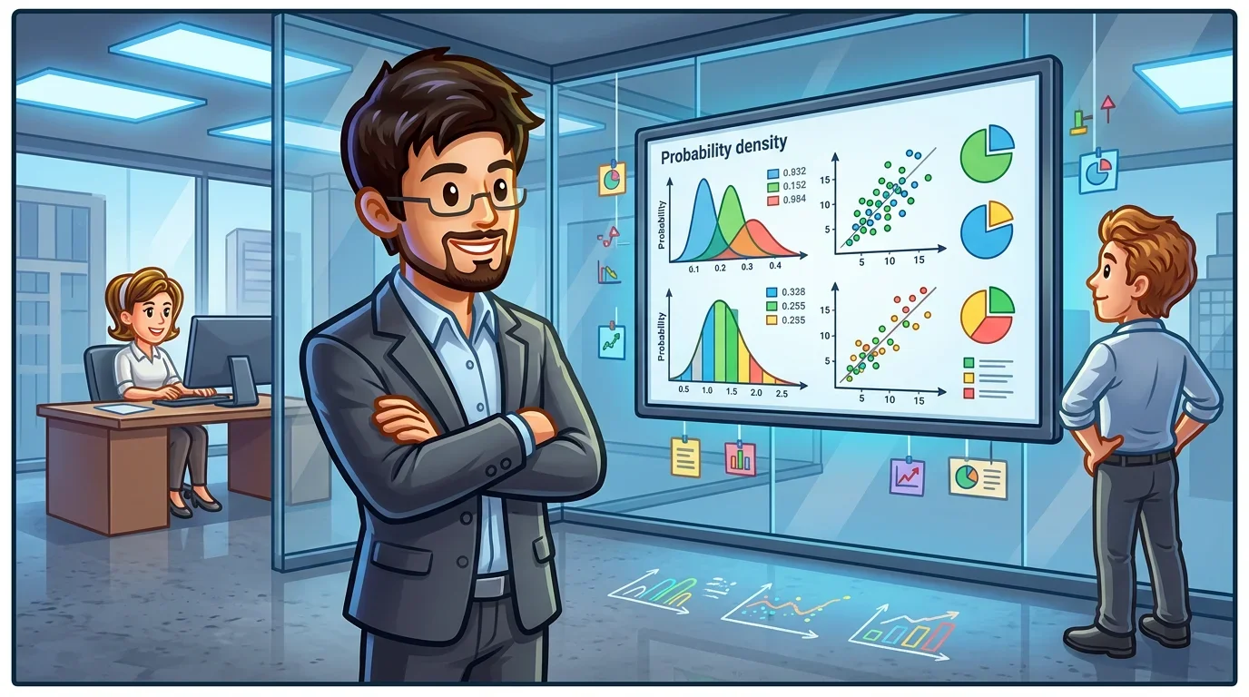 Analyst reviewing probability charts and data visualizations on a large screen