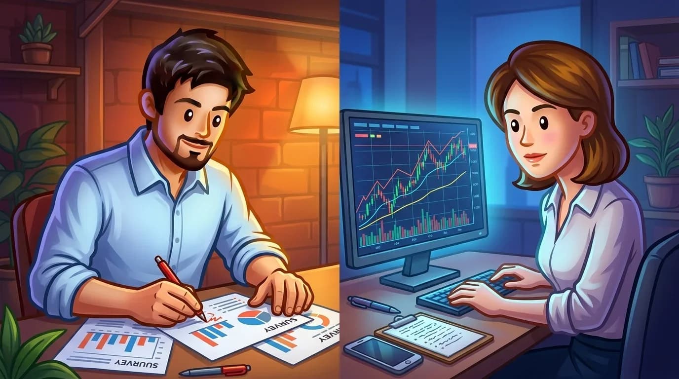 Two analysts comparing polling data with prediction market prices