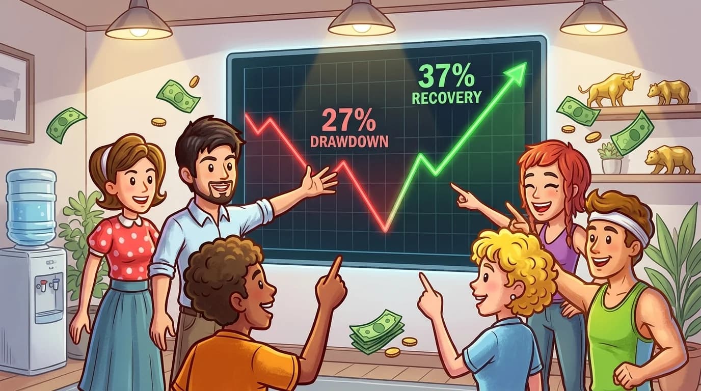 A dark-themed line chart shows a sharp red dip representing a 27% loss followed by a steep green climb illustrating the required 37% gain to break even.