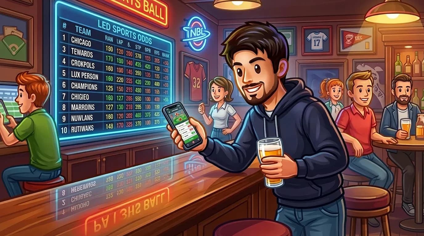Person at a sports bar checking odds on a glowing display board while holding a smartphone
