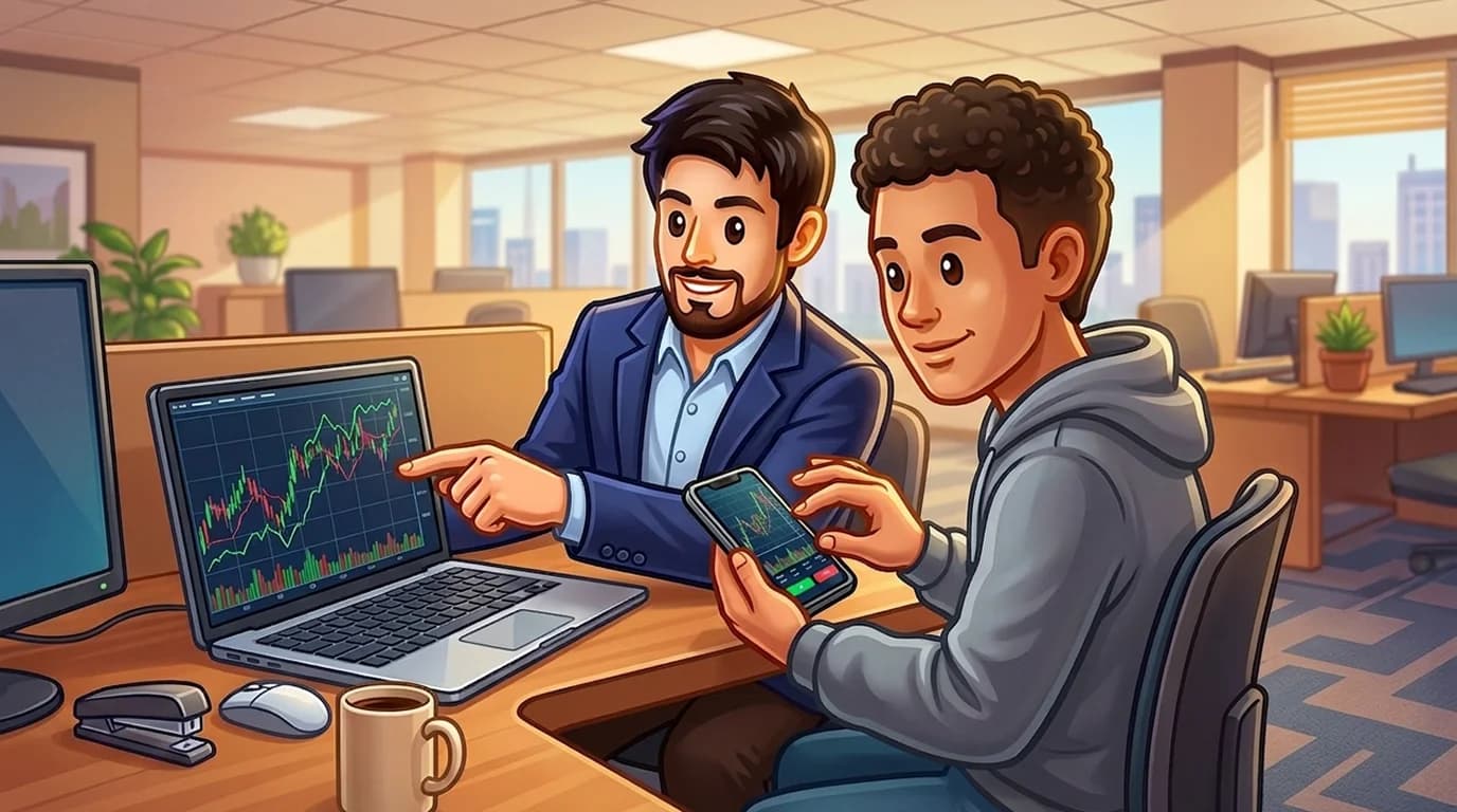 Two traders mirroring each other's trades on laptops in a modern office
