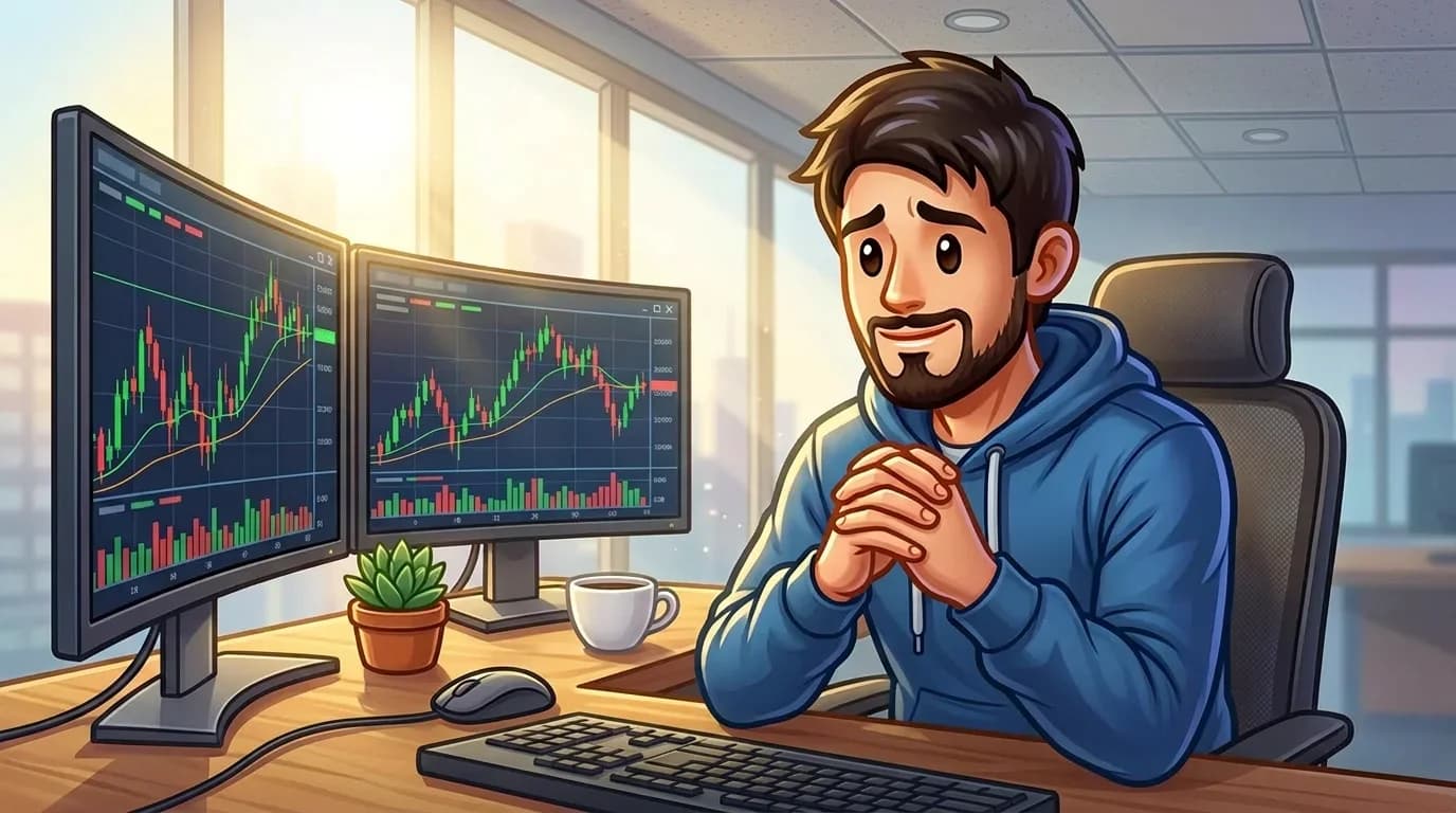 {"en":"Beginner at a trading desk reviewing copy trading options"}