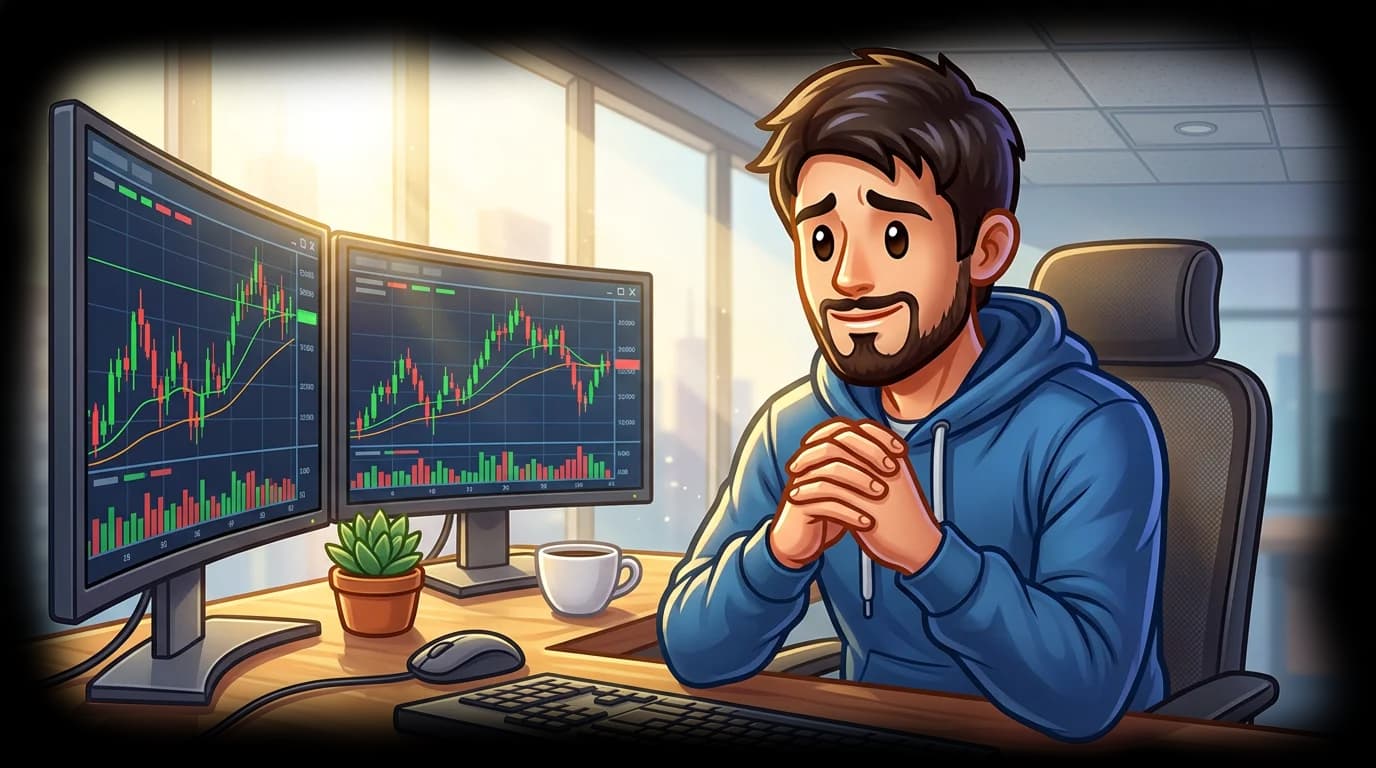 Beginner at a trading desk reviewing copy trading options