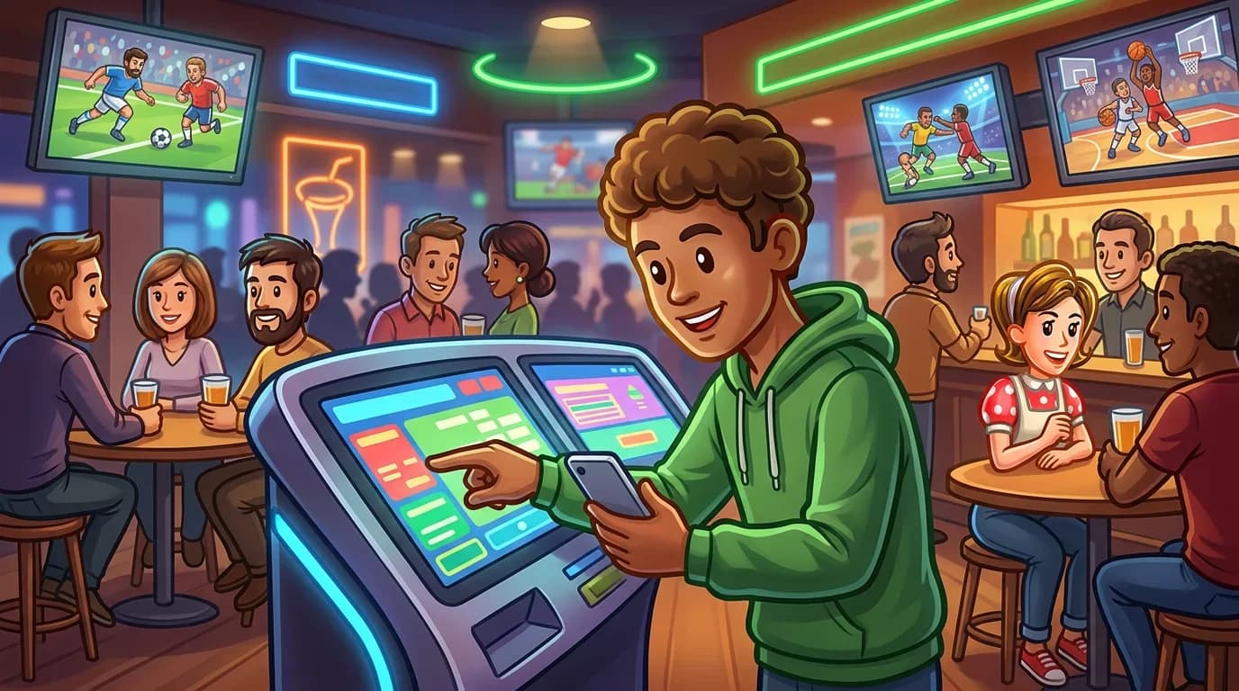 Person placing bets at a digital kiosk in a sports bar environment.