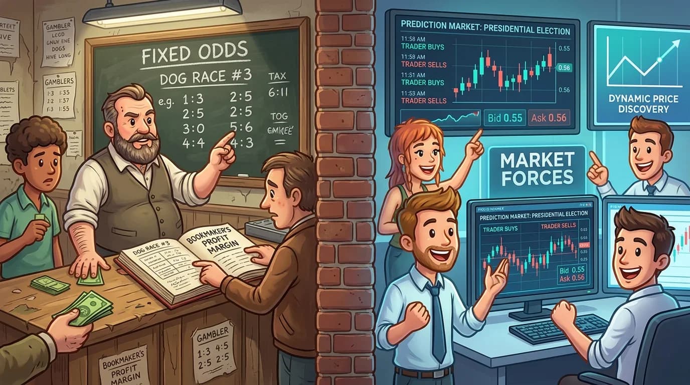 Traditional betting bookmaker setting fixed odds versus prediction market with dynamic price discovery through trader activity