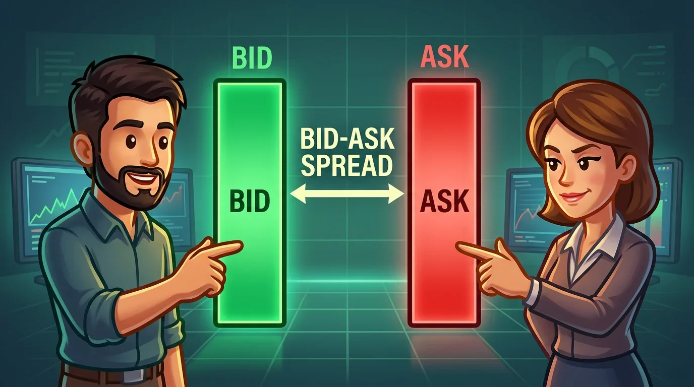 A financial dashboard graphic with green and red price bars separated by a labeled gap.