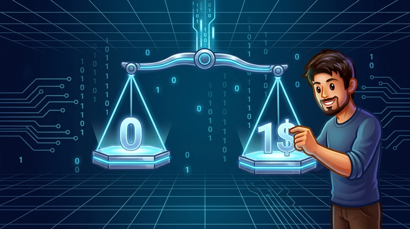 A glowing balance scale hovering in dark cyberspace with illuminated zero and one dollar markings on each pan.