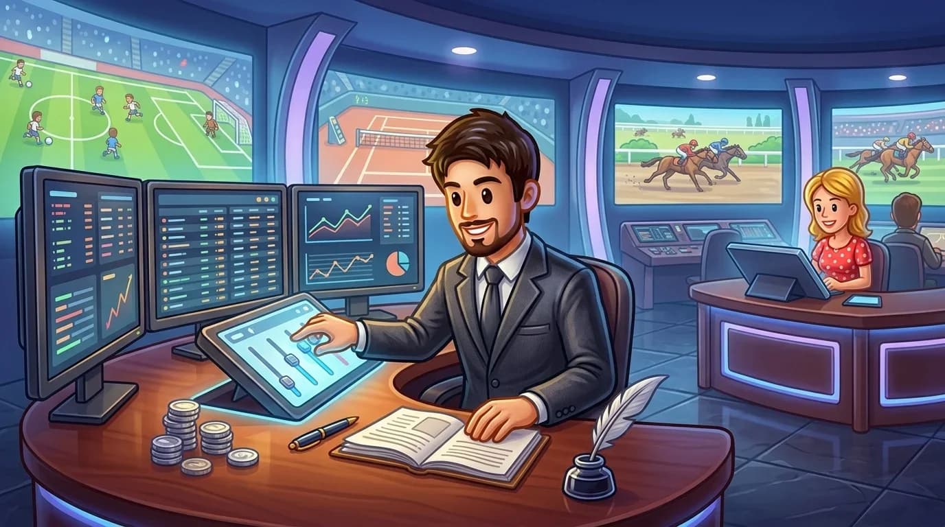 Bookmaker working at a desk with multiple monitors displaying odds data.