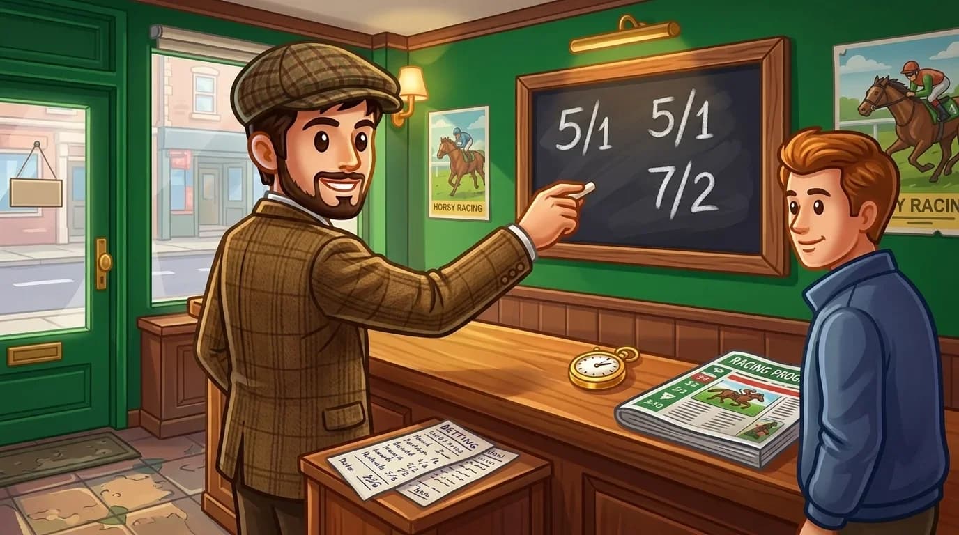 Traditional British bookmaker pointing to fractional odds 5/1 and 7/2 on a chalkboard