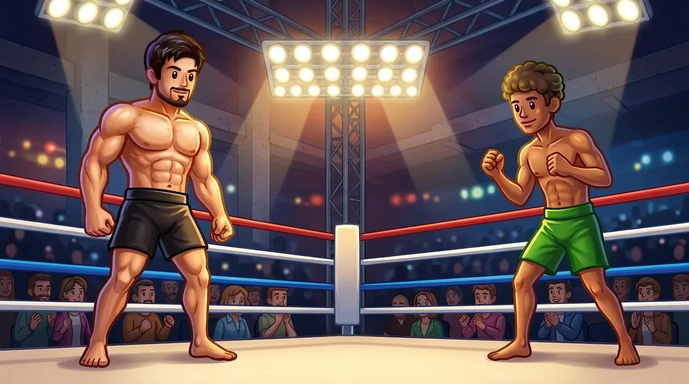 Two boxers facing each other in a boxing ring, representing favorite vs underdog matchup