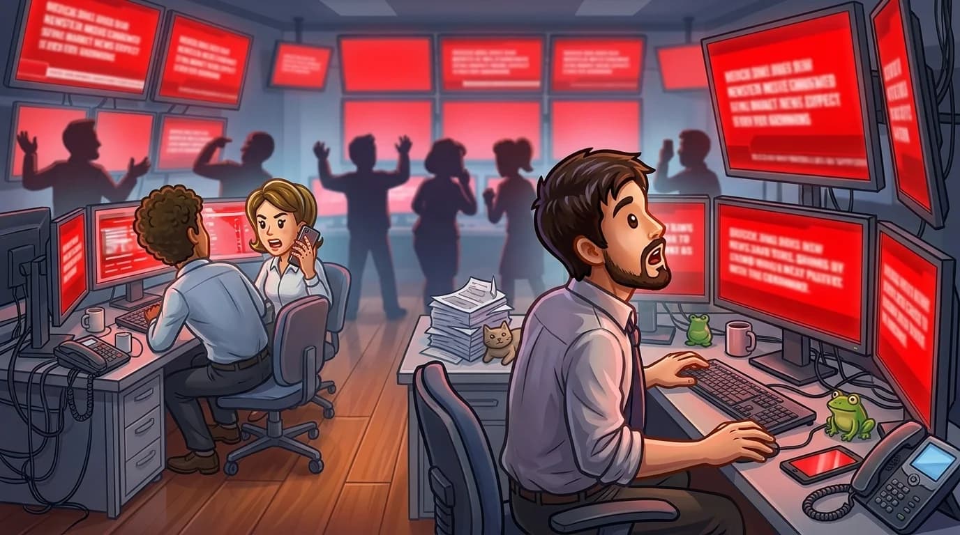 Traders silhouetted against walls of monitors emitting bright red breaking news alerts in a high-tech office.