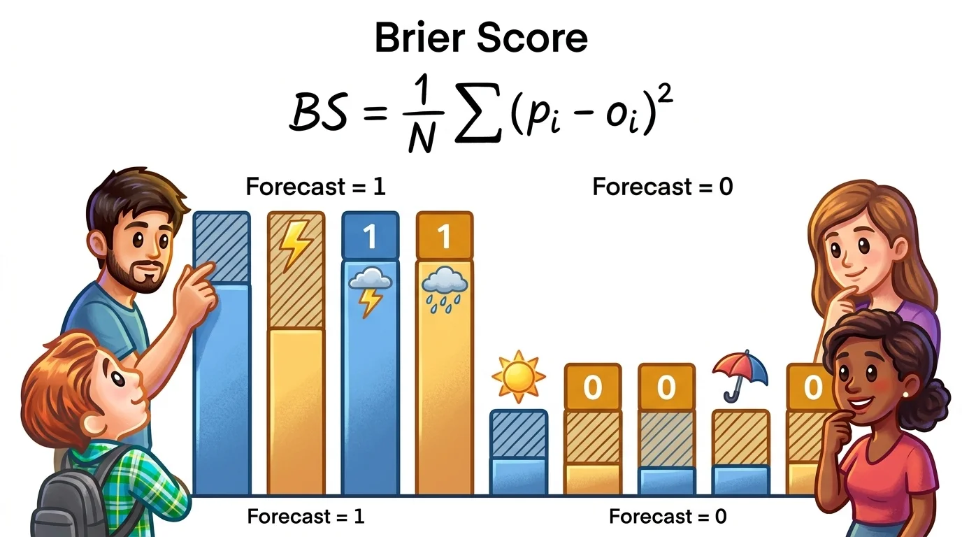 A minimalist infographic visualizing probability bars with shaded squared error gaps and binary outcome symbols against a white background.
