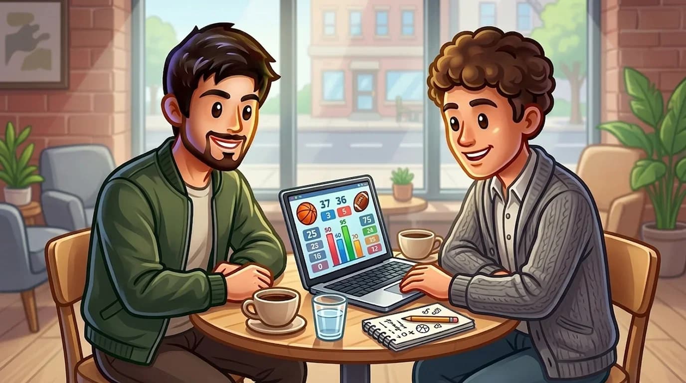 Two people at a cafe table reviewing sports statistics on a laptop screen