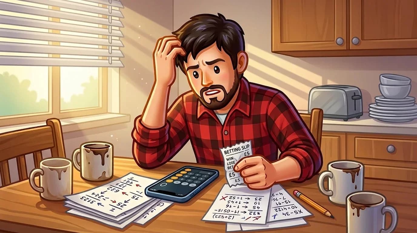Confused person at a kitchen table trying to calculate a betting payout on their phone