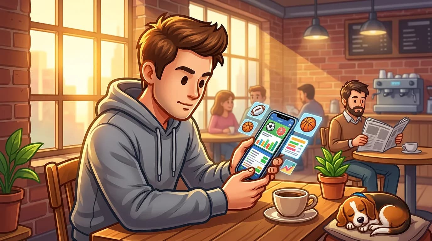 Young person at a coffee shop table using a sports betting app on their smartphone