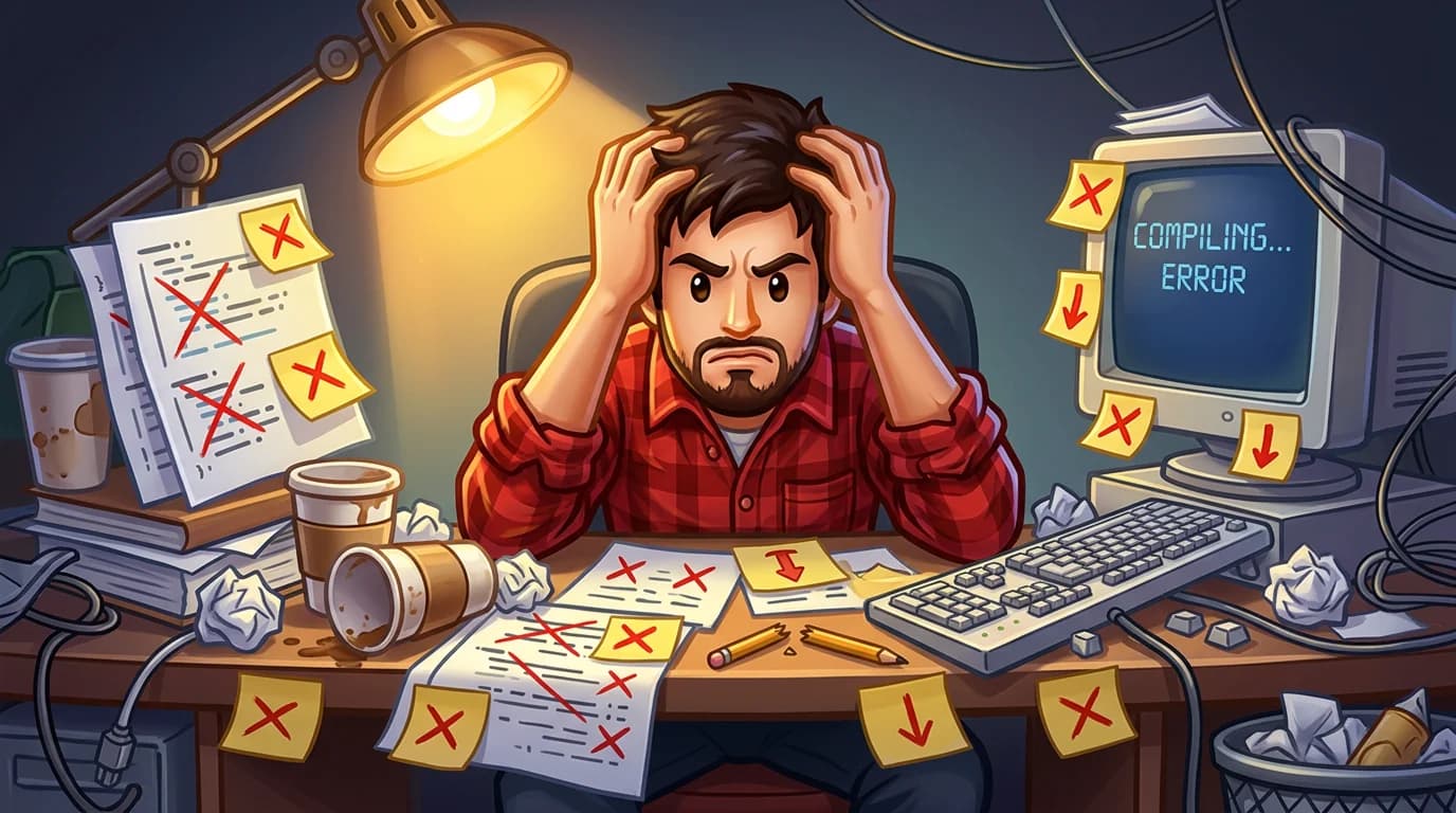 Frustrated beginner surrounded by failed trade notes and clutter