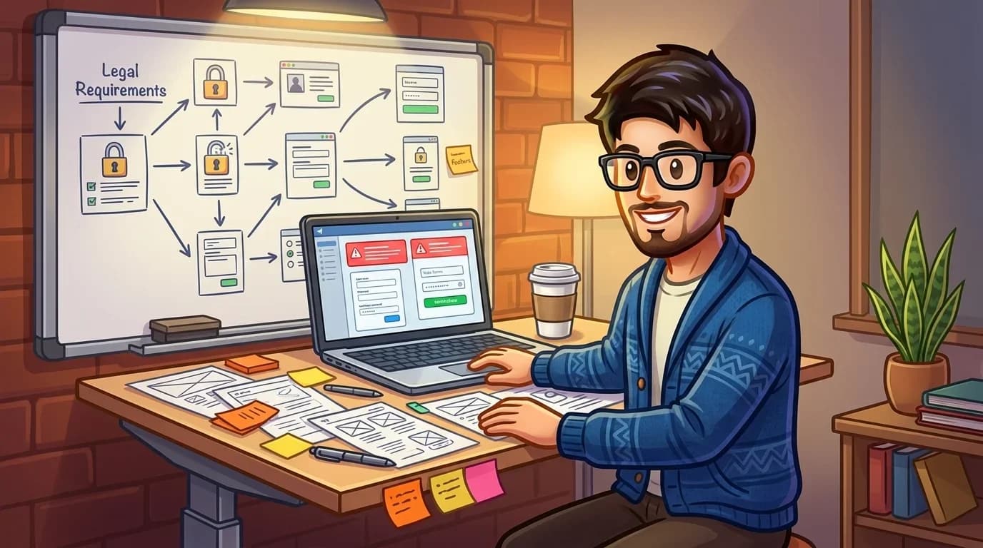 Product designer working on compliance-driven UI features with wireframes and legal requirement flowcharts