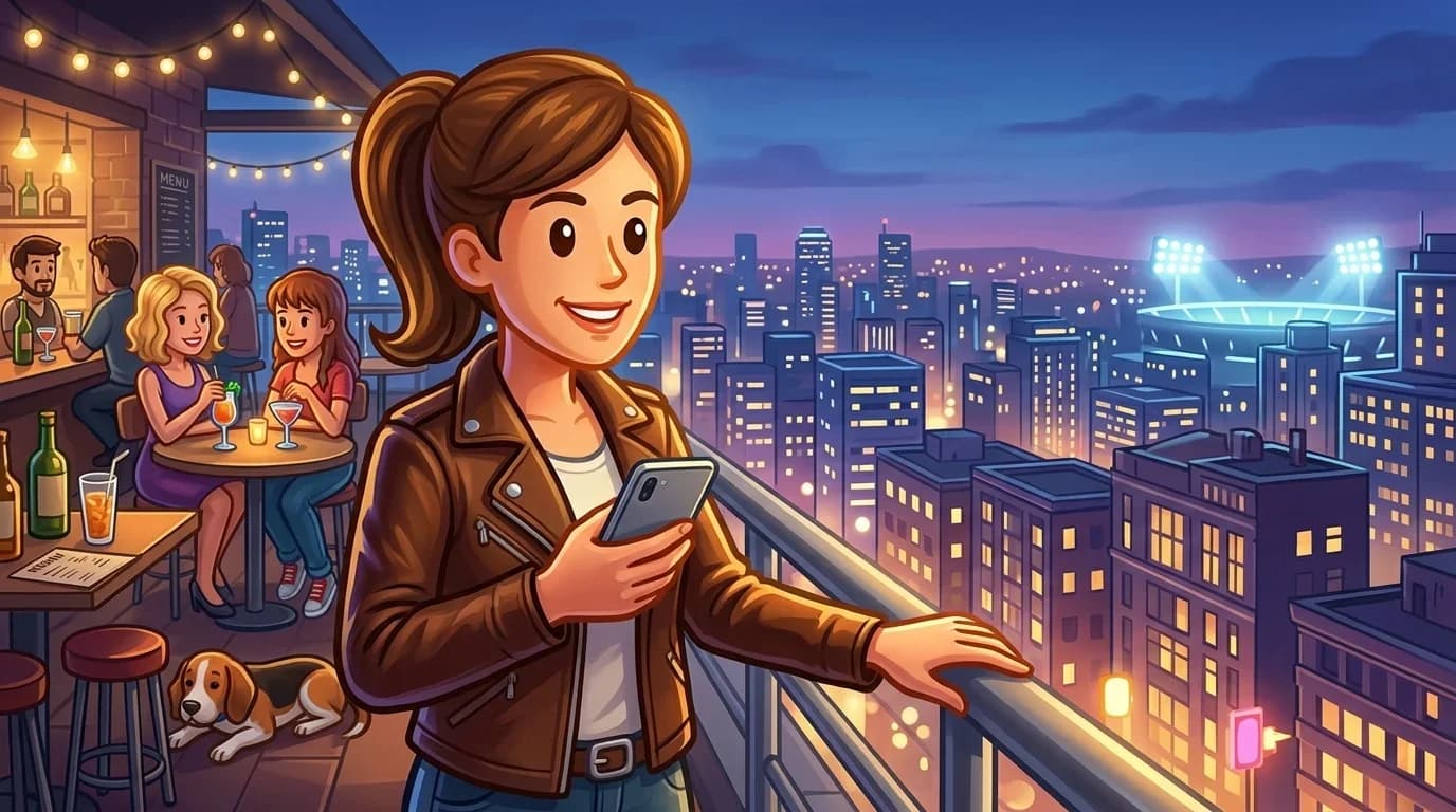 Confident person at a rooftop bar overlooking city lights and a distant stadium