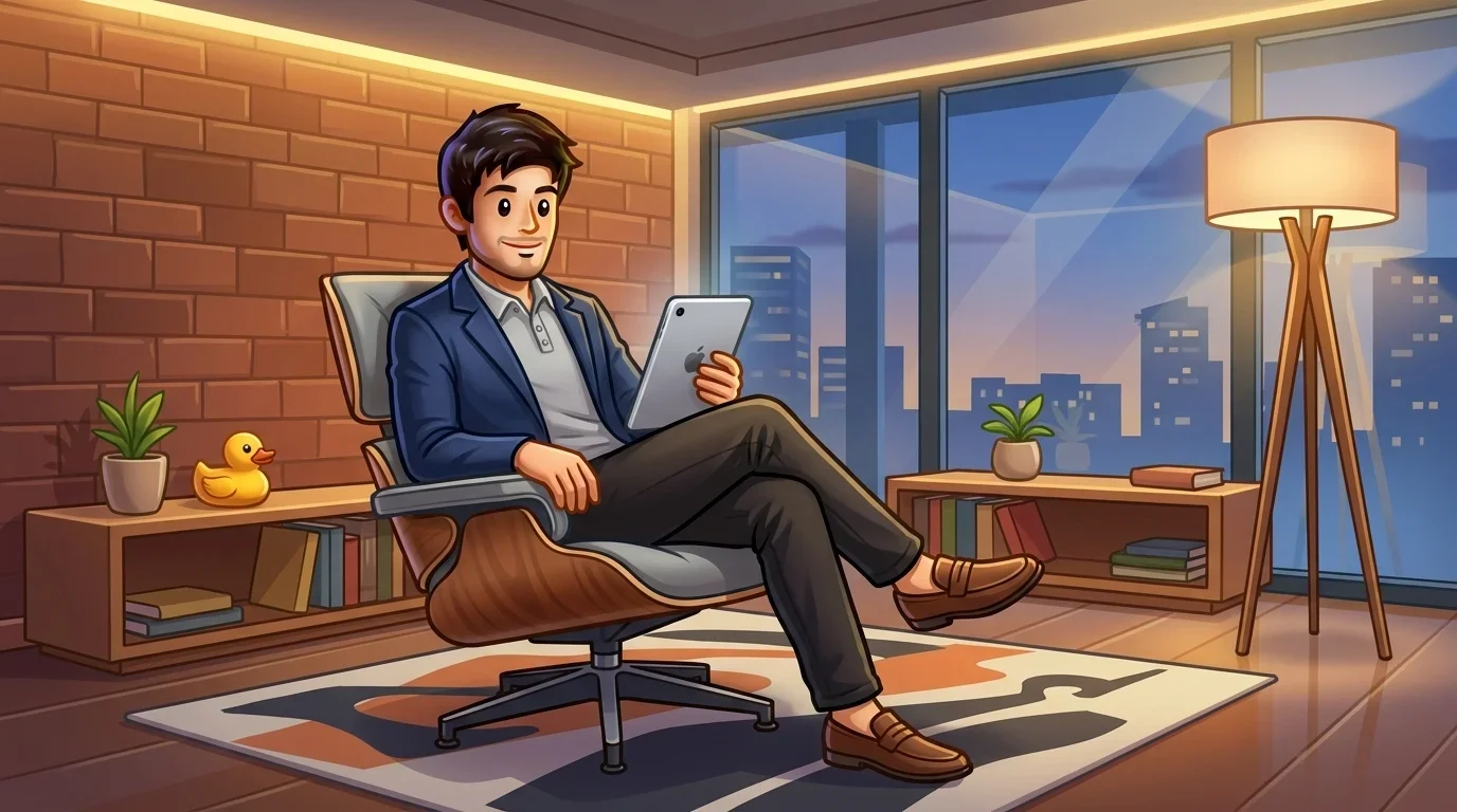A confident person in smart casual attire sits in a modern lounge chair, leaning back with a relaxed posture while holding a tablet, slight smile of understanding on their face, contemporary interior with clean lines and warm lighting