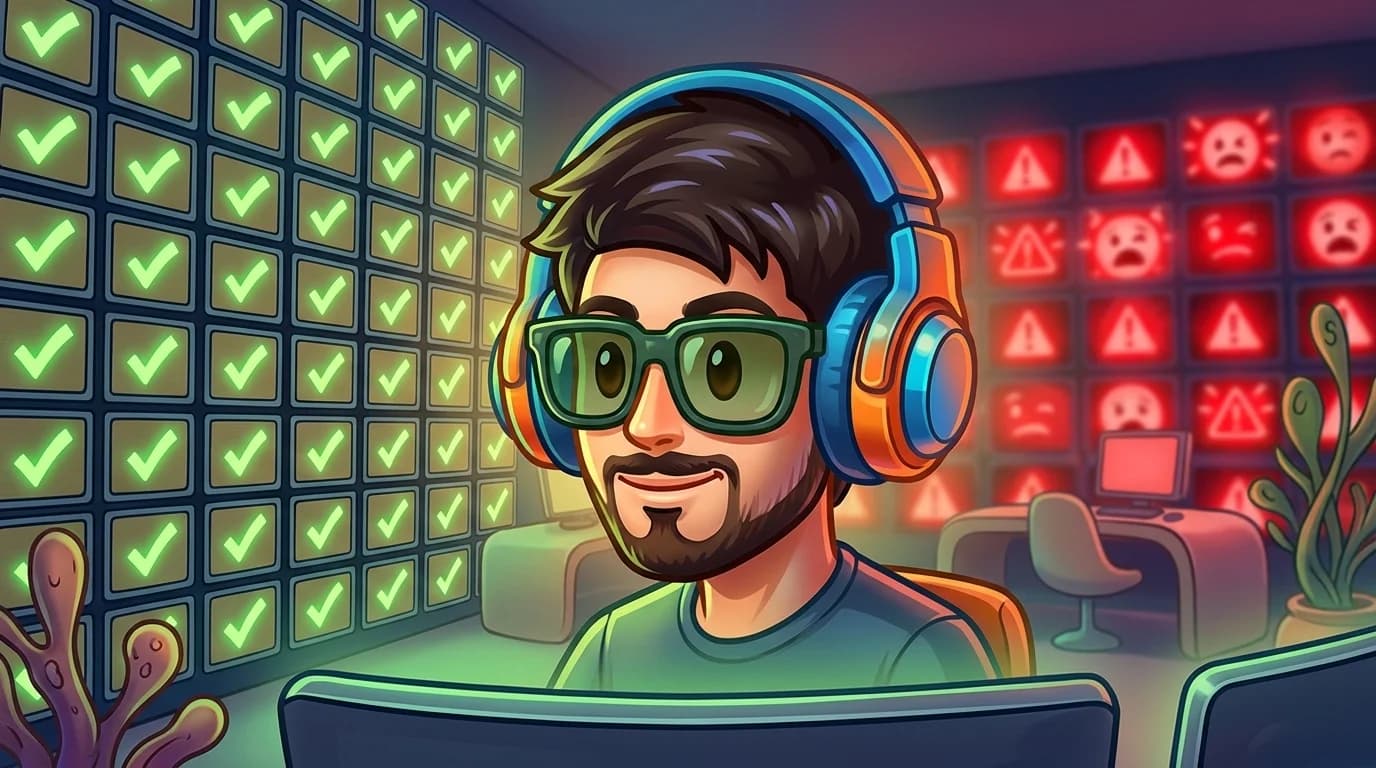 A trader wearing tinted glasses and headphones viewing only supportive data while warning signals remain blurred behind them