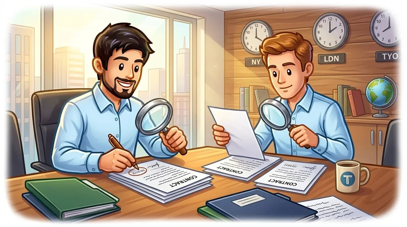 Analysts comparing contract details on paper