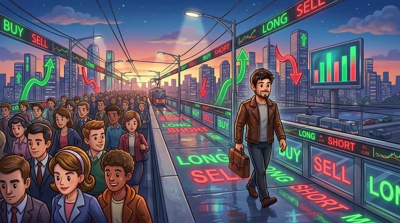 A solitary trader walking confidently opposite to a massive crowd across a modern bridge
