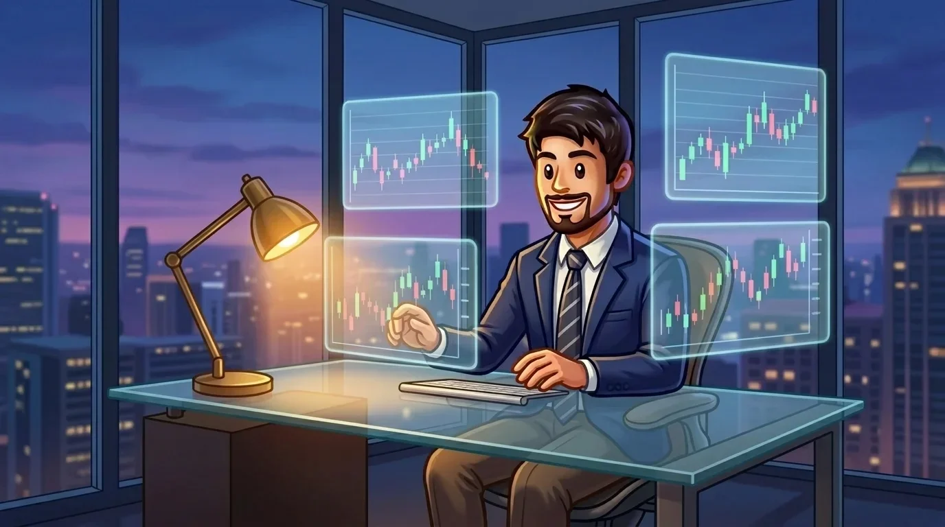 {"en":"Person analyzing trading charts on holographic screens in a modern office at dusk"}