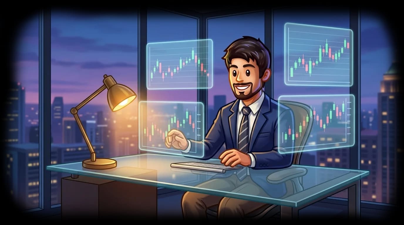 Person analyzing trading charts on holographic screens in a modern office at dusk