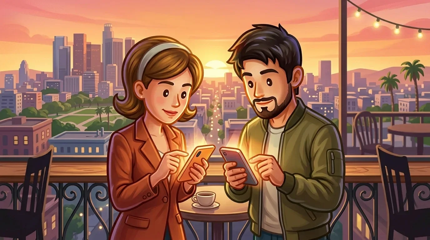 {"en":"Two people in jackets mirroring each other's phone gestures on a rooftop at sunset, city skyline in the background."}