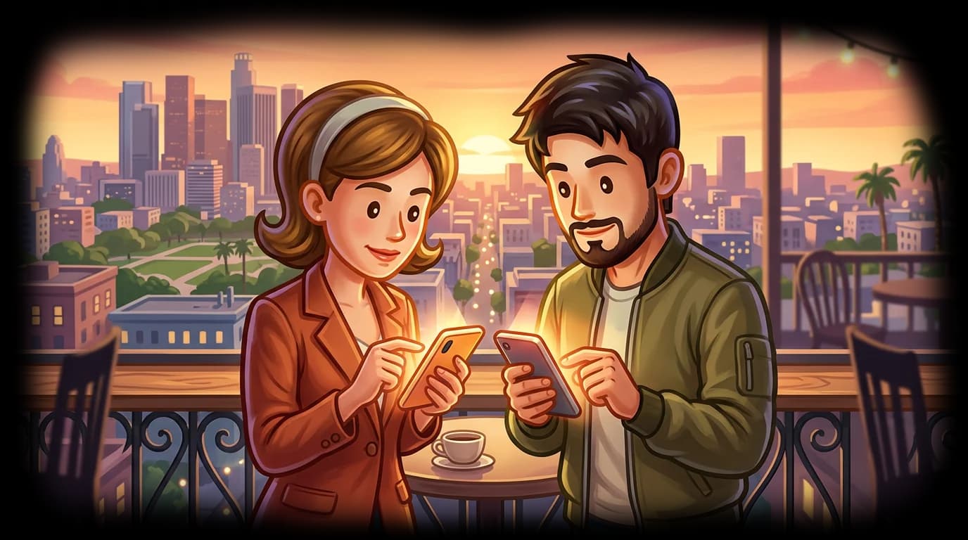 Two people in jackets mirroring each other's phone gestures on a rooftop at sunset, city skyline in the background.