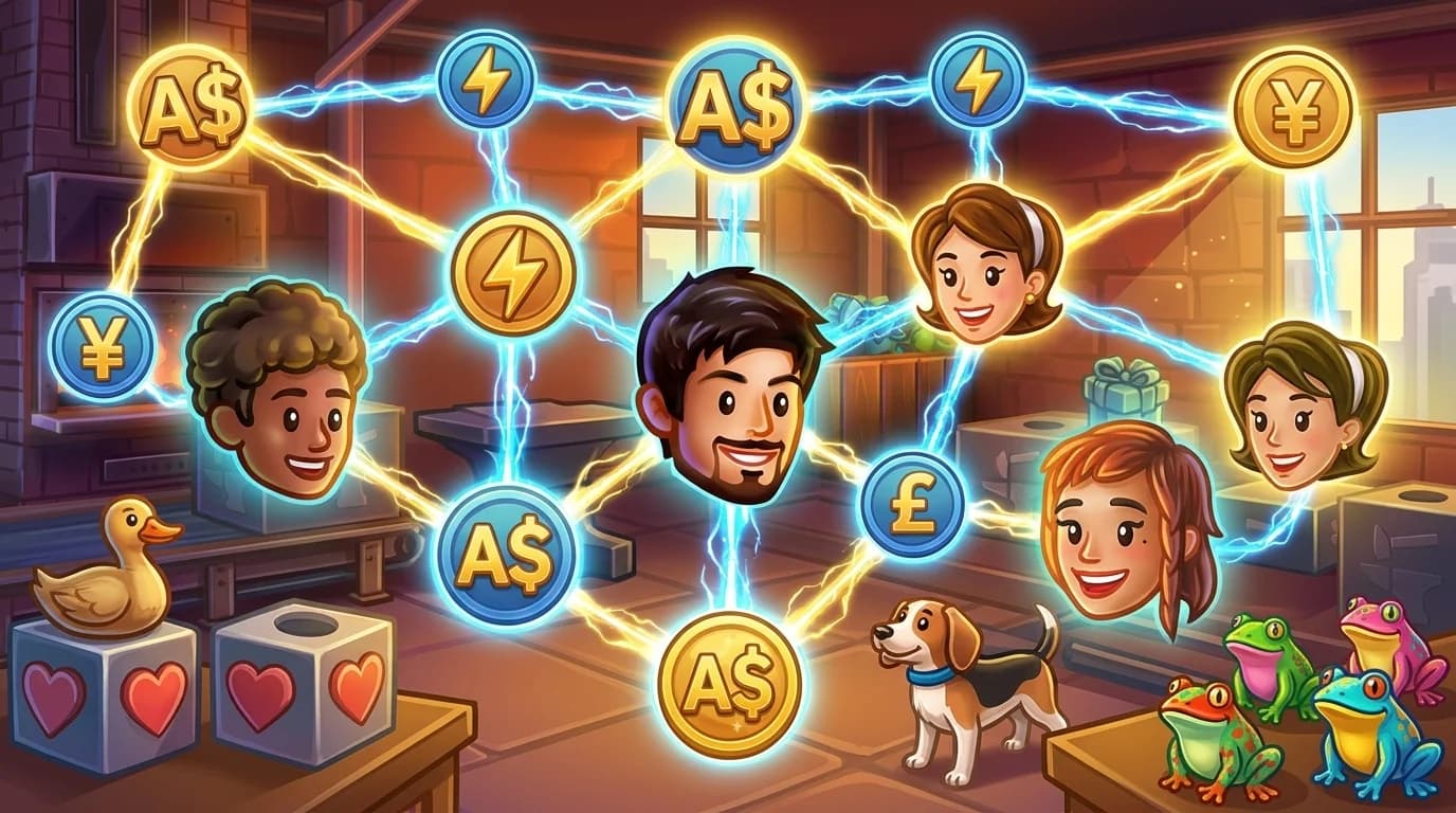 A complex glowing network of financial symbols connected by bright throbbing energy lines in a dark void.