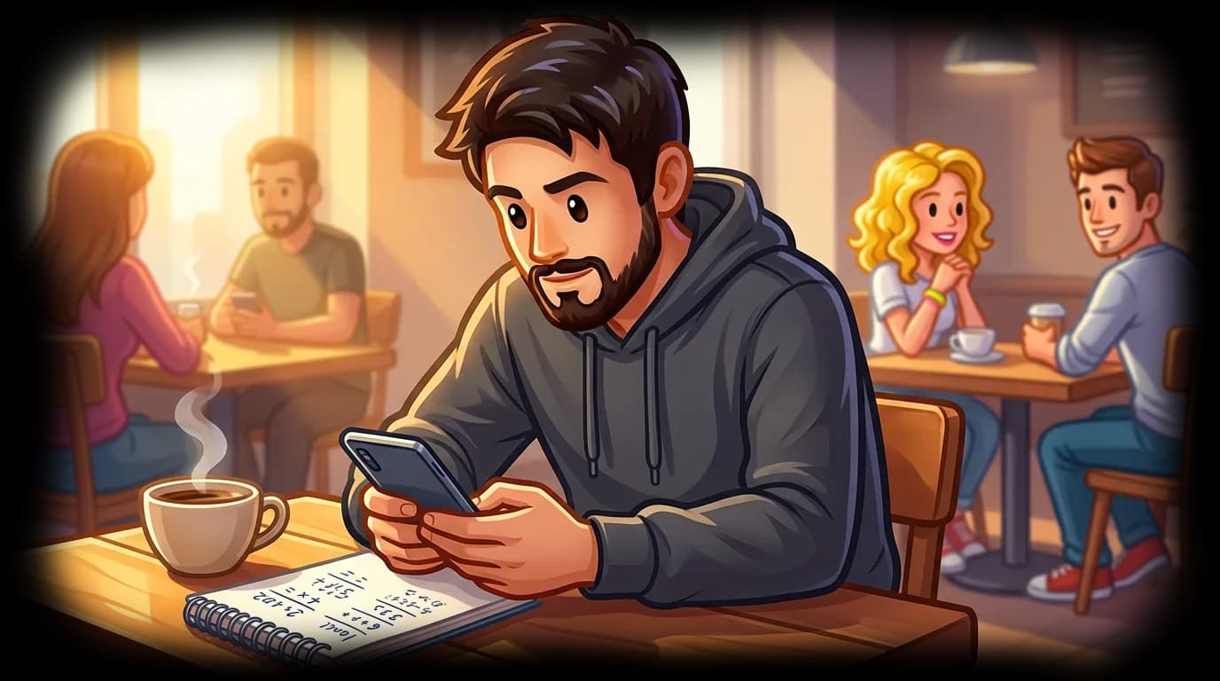 Young person using a sports betting app at a coffee shop