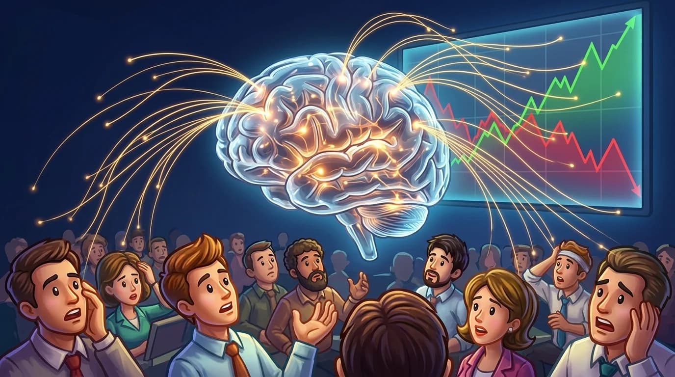 A translucent glass brain with glowing neural pathways hovering above a trading floor as light threads split toward a diverging chart