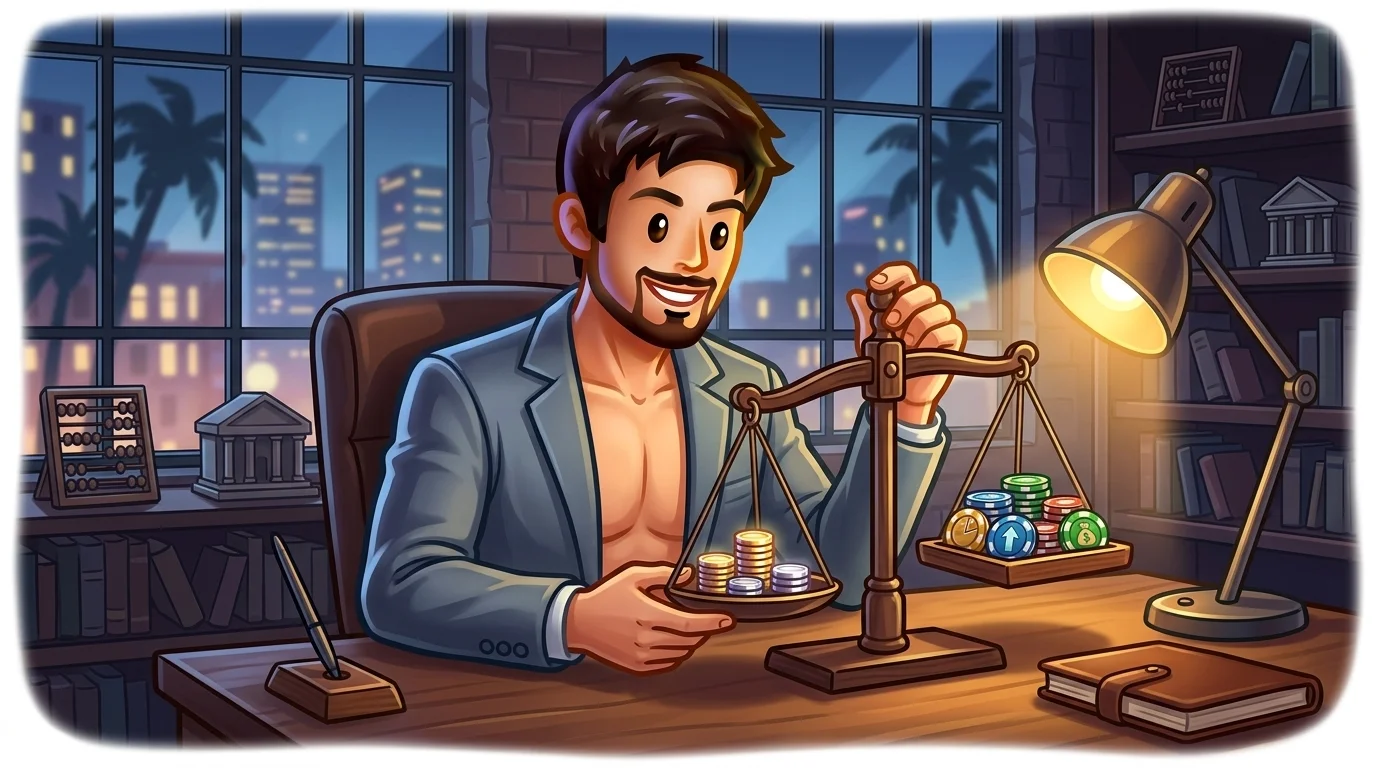 Analyst weighing glowing coins against market-share chips at a desk