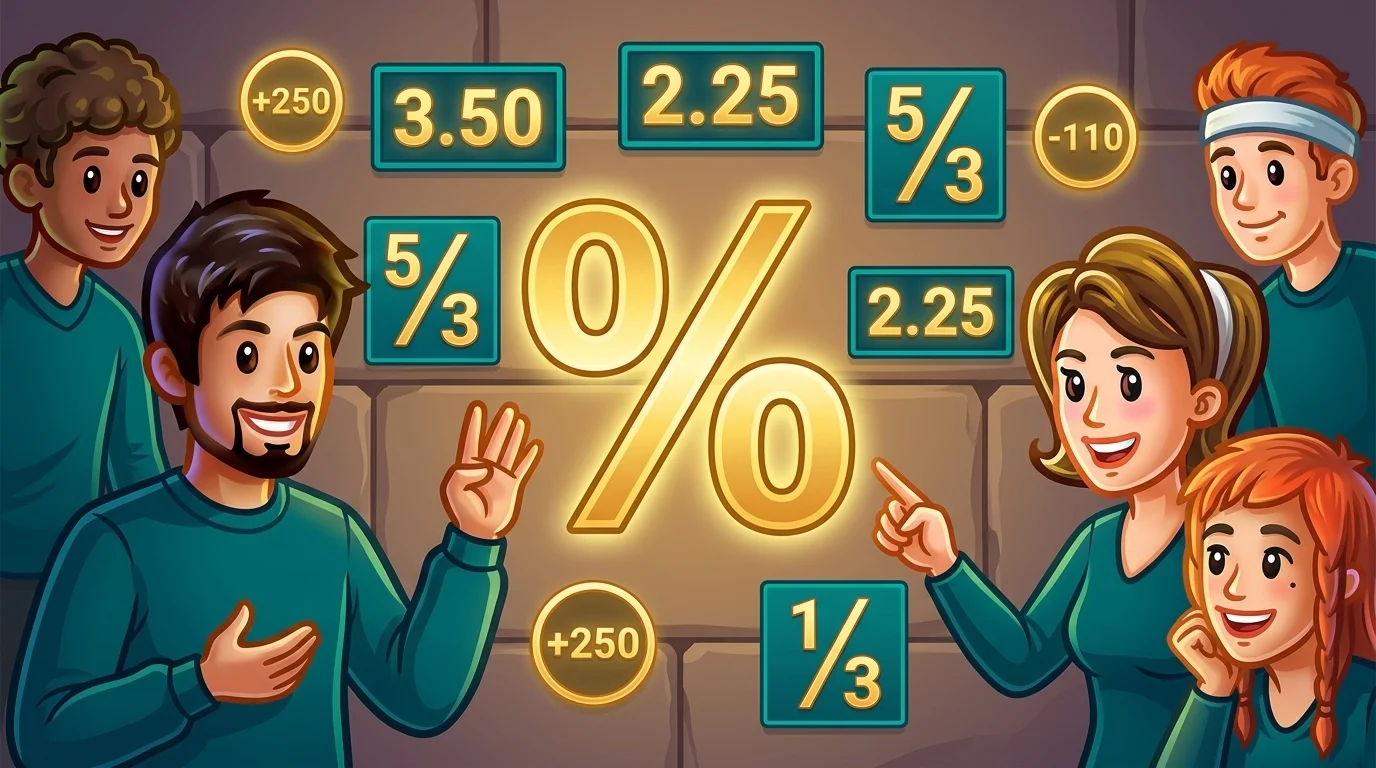 A glowing percentage symbol surrounded by abstract betting odds representations in teal and gold tones.