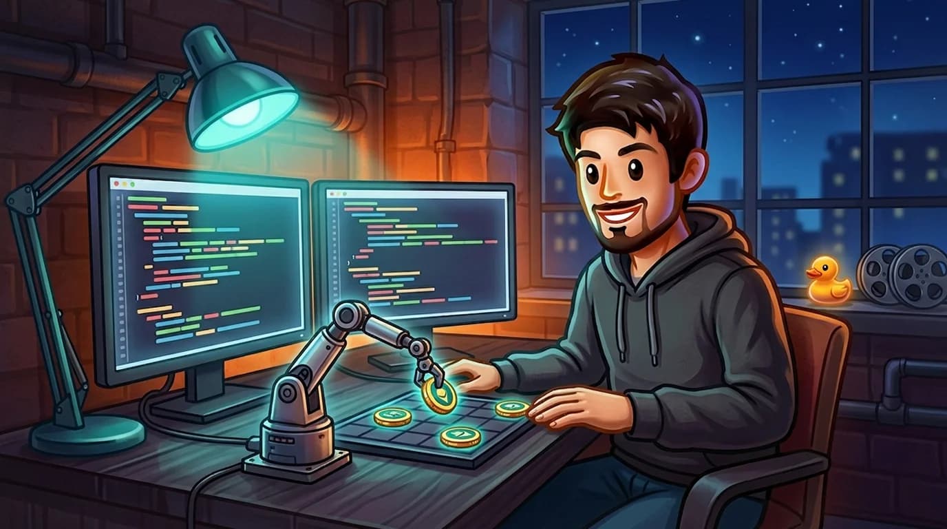 Developer and small robot arm arranging glowing market tokens at a dual-monitor desk