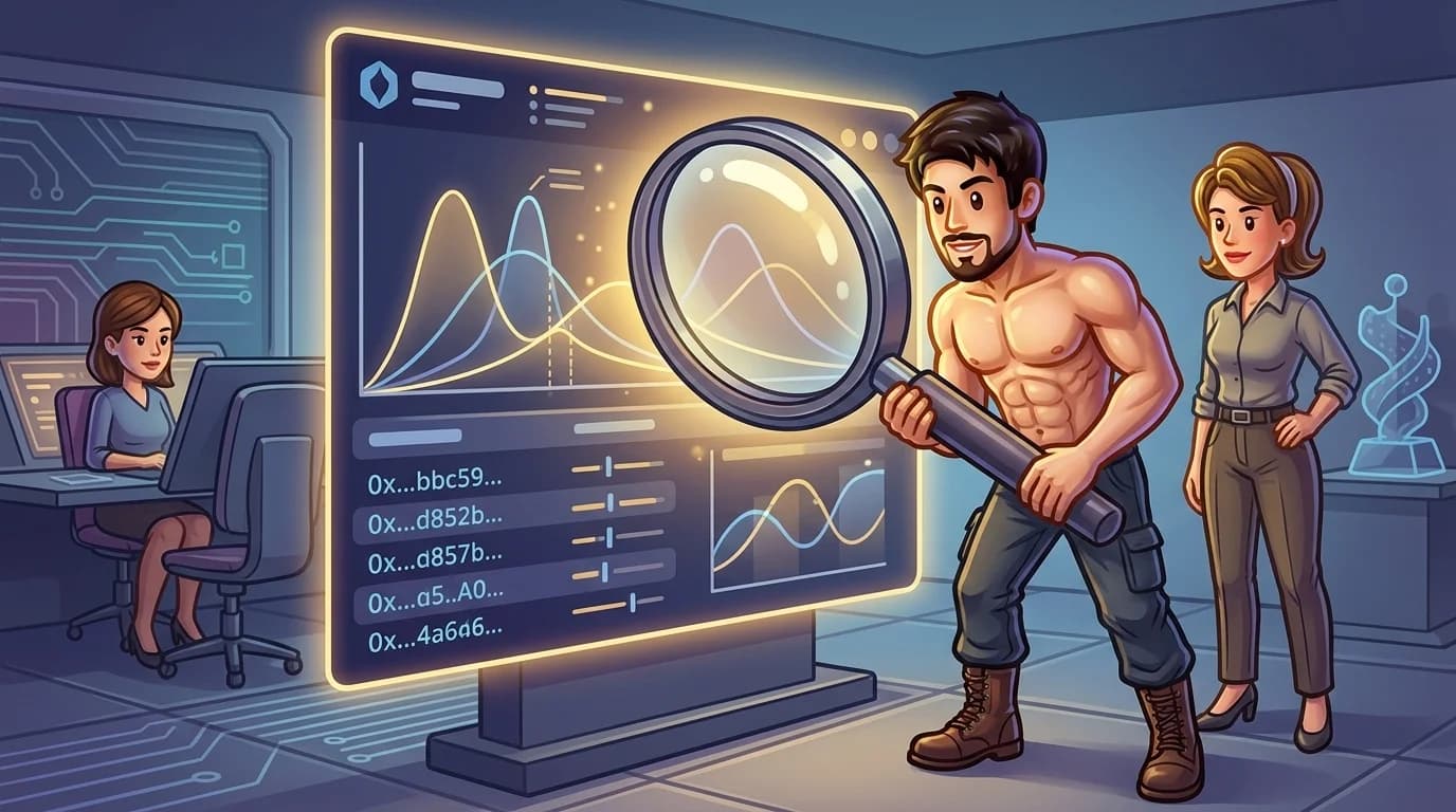 A magnifying glass hovering over a glowing digital dashboard filled with prediction market charts and wallet data.