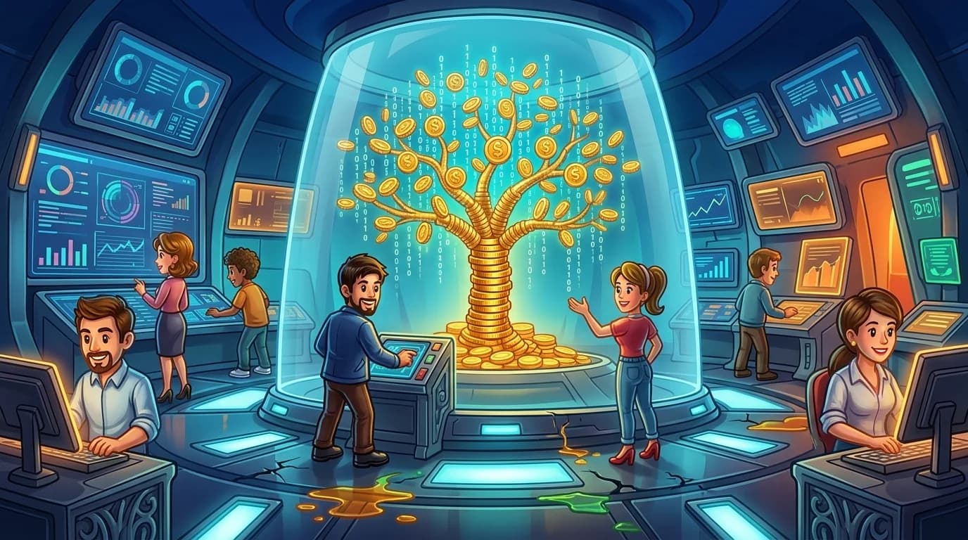 Inside a futuristic command center, a glass shield protects a thriving tree of gold coins while cracks in the floor below leak away small streams of currency representing hidden trading costs.