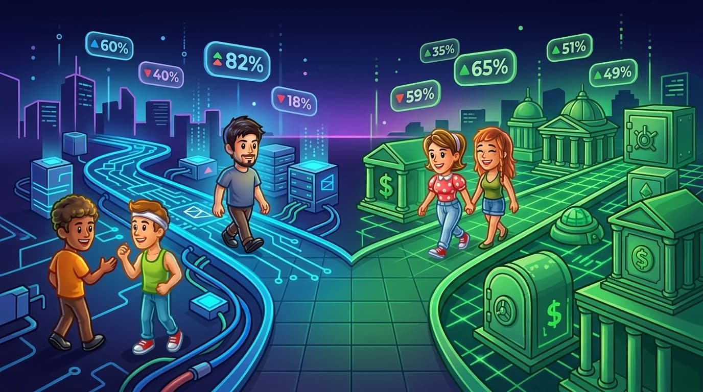A cinematic wide shot of two diverging digital pathways symbolizing separate prediction market platforms, with glowing probability percentages floating above each route.