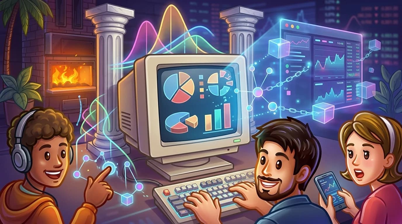 A vintage computer screen displaying early forecast charts transforming into a modern holographic trading interface with probability curves and regulatory pillars