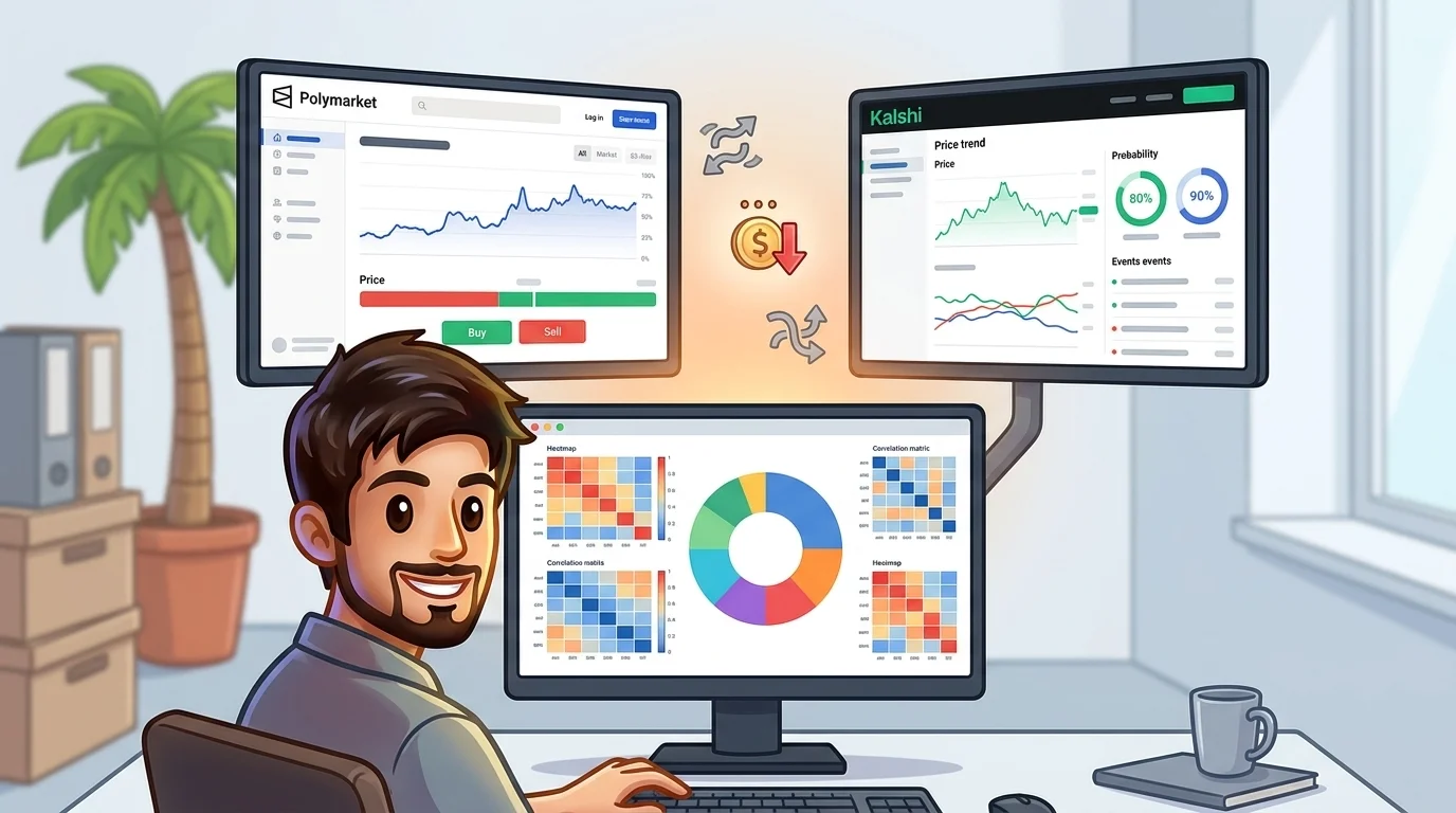 A trader's desk with two monitors displaying different prediction market platforms and a central analytics screen, surrounded by icons representing fees and transfer delays.