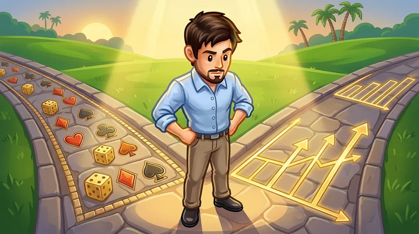 Person at a crossroads choosing between gambling and trading paths.