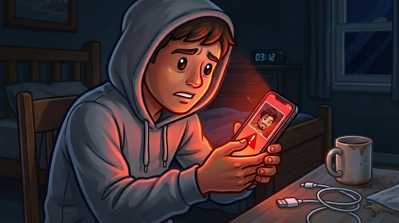 Person anxiously watching red trading alerts on their phone in a dark room