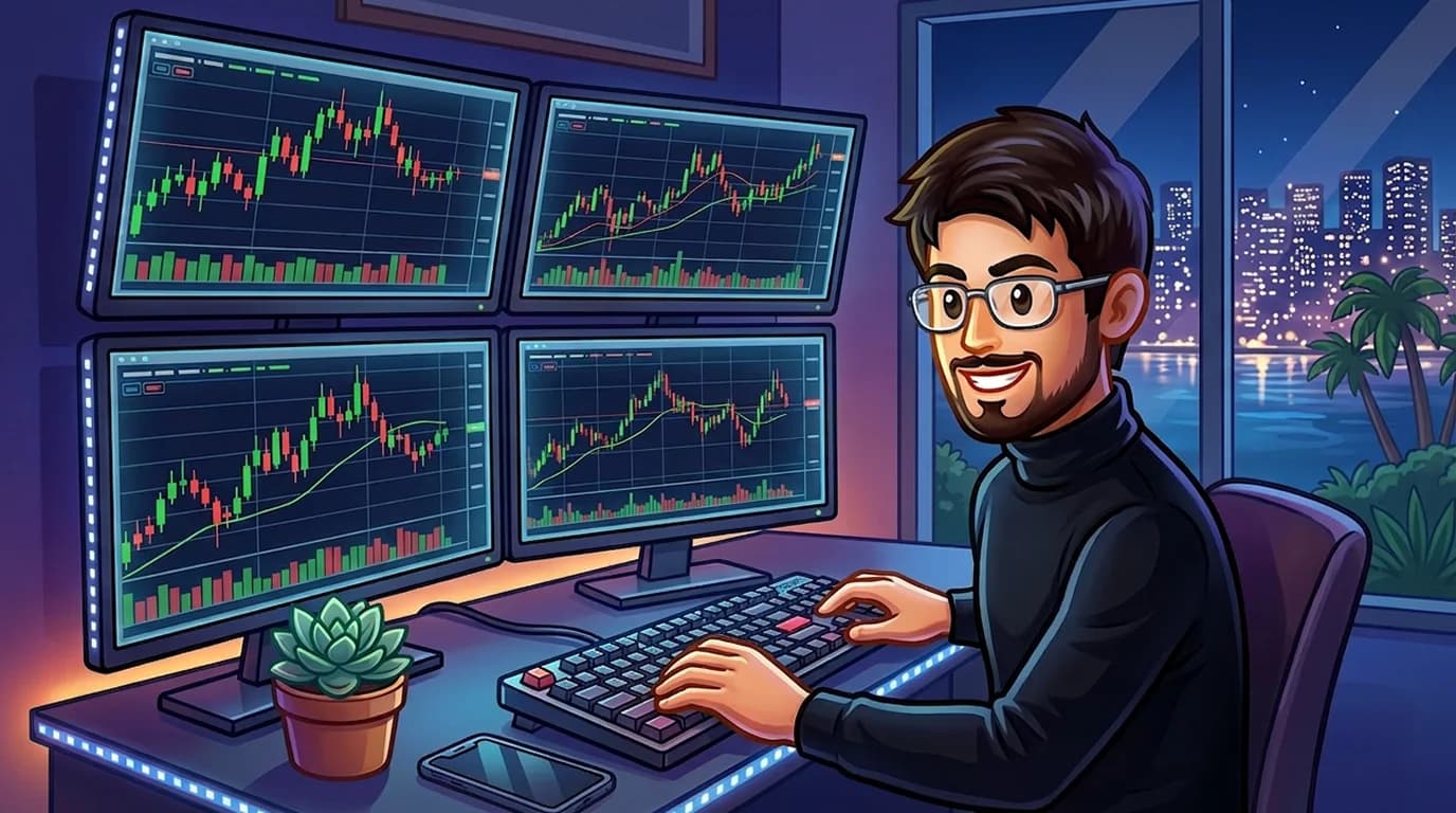 Trader monitoring multiple crypto charts on a multi-screen setup at night