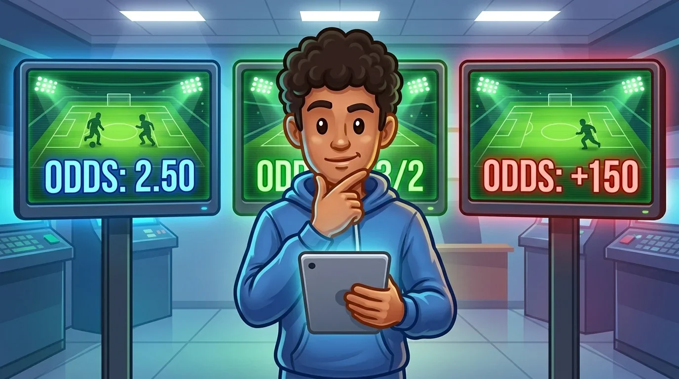 Three screens side by side showing the same betting event with different odds formats: decimal 2.50, fractional 3/2, and American +150