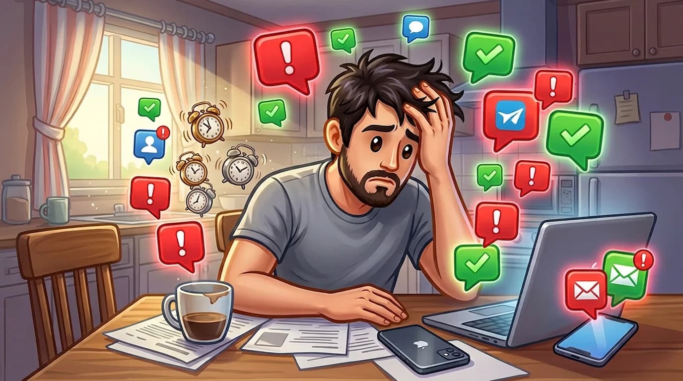 Stressed person overwhelmed by daily trading notifications and alarms
