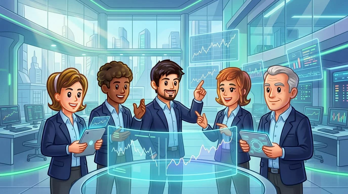 Traders gathered around holographic screens displaying market data in a futuristic trading environment.